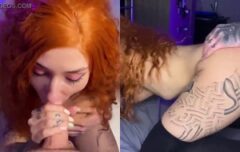 Ruiva fogosa chupando com vontade e levando gozada quente na bunda
