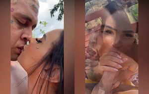 Morena sensual chupando com vista para as montanhas até engolir toda a porra