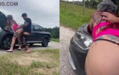 Safada empinada no capô do carro sendo comida com força até gemer alto